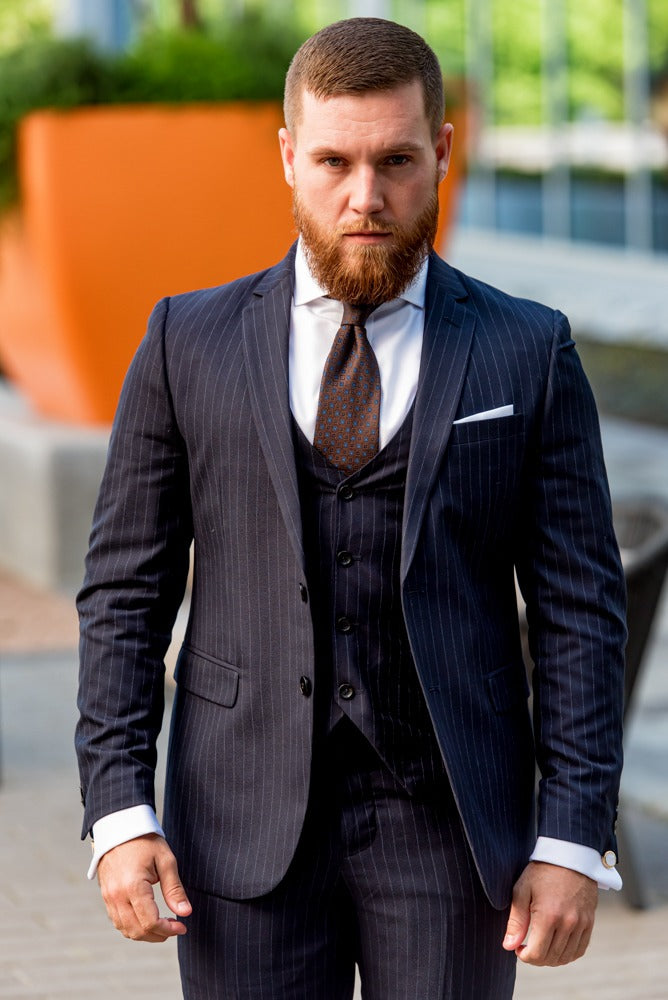 Buy Men Navy Slim Fit Stripe Formal Three Piece Suit Online - 758363 |  Louis Philippe